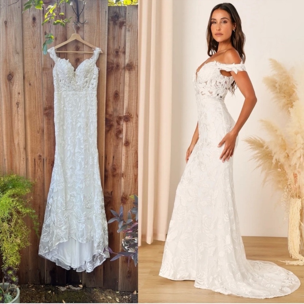White Embroidered Sweetheart Off-the-Shoulder Mermaid Maxi Dress w/ Train 🌿